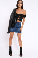 Black Bardot Lace Up Frill Shirred Crop Top - Linsa-Crop Tops