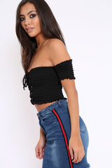 Black Bardot Lace Up Frill Shirred Crop Top - Linsa-Crop Tops