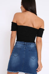 Black Bardot Lace Up Frill Shirred Crop Top - Linsa-Crop Tops