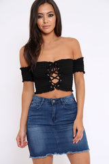 Black Bardot Lace Up Frill Shirred Crop Top - Linsa-Crop Tops