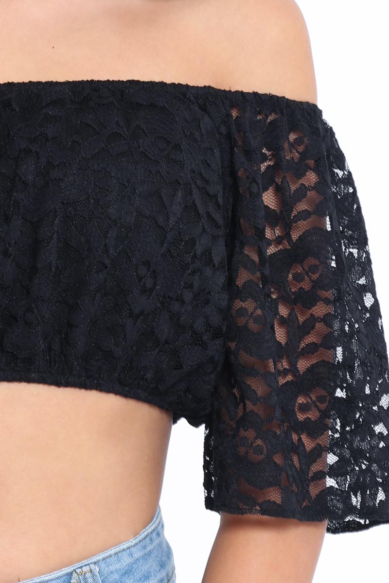 Black Bardot Mesh Crop Top - Mally-Crop Tops