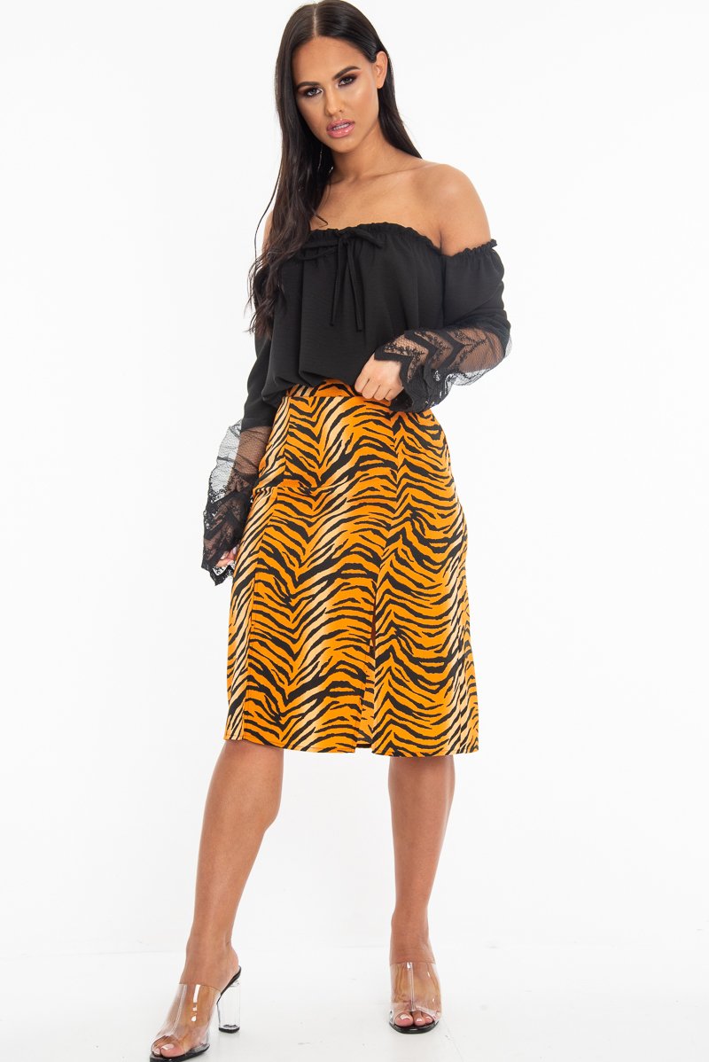 Black Bardot Mesh Lace Sleeve Tie Front Top - Mandy-Tops