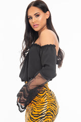 Black Bardot Mesh Lace Sleeve Tie Front Top - Mandy-Tops