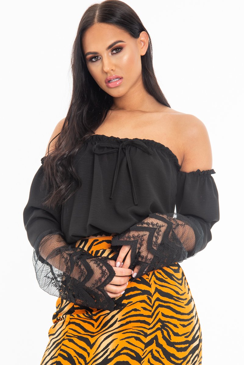 Black Bardot Mesh Lace Sleeve Tie Front Top - Mandy-Tops