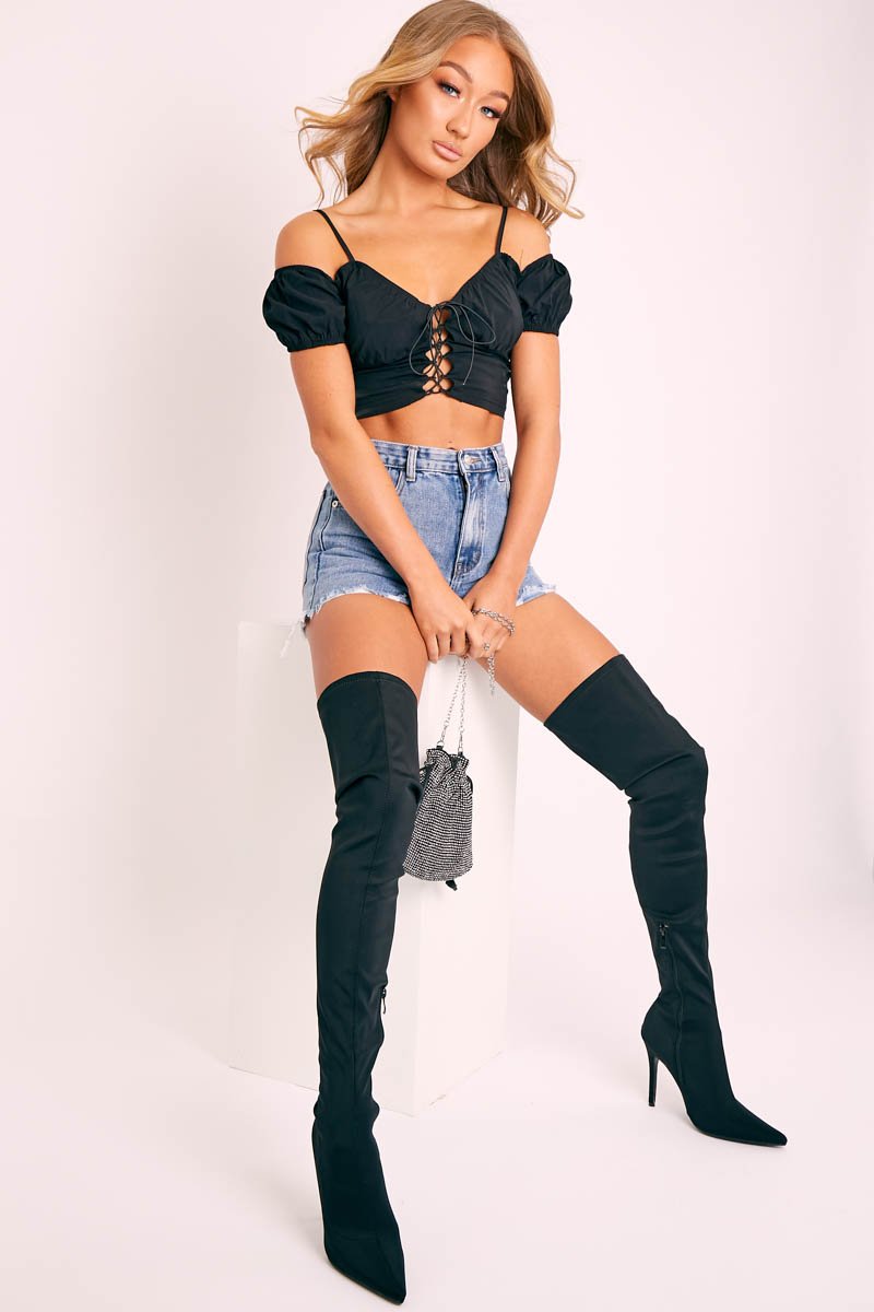 Black Bardot Milkmaid Lace Up Crop Top - Abigail-Crop Tops