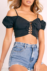 Black Bardot Milkmaid Lace Up Crop Top - Abigail-Crop Tops