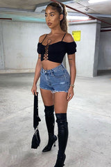 Black Bardot Milkmaid Lace Up Crop Top - Abigail-Crop Tops