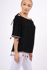 Black Bardot Pom Pom Top - Seren-Tops