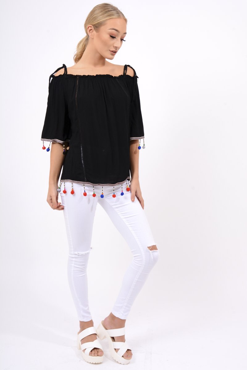 Black Bardot Pom Pom Top - Seren-Tops