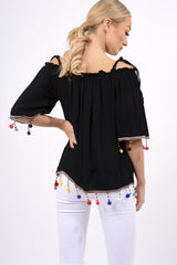 Black Bardot Pom Pom Top - Seren-Tops