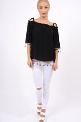 Black Bardot Pom Pom Top - Seren-Tops