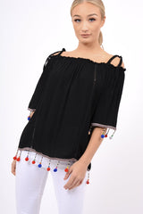 Black Bardot Pom Pom Top - Seren-Tops