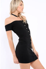 Black Bardot Popper Mini Dress - Angelika-Dresses