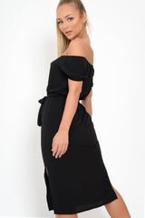 Black Bardot Puff Sleeve Button Midi Dress - Jacinta-Dresses