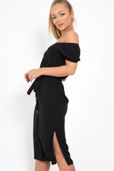 Black Bardot Puff Sleeve Button Midi Dress - Jacinta-Dresses