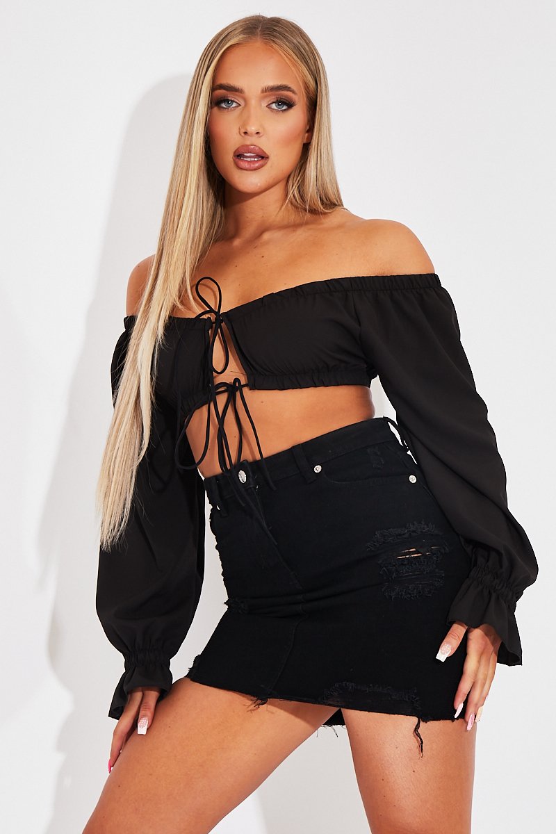 Black Bardot Puff Sleeve Tie Crop Top - Kariel-Crop Tops