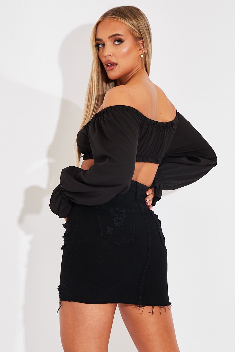 Black Bardot Puff Sleeve Tie Crop Top - Kariel-Crop Tops