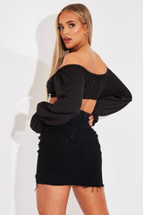 Black Bardot Puff Sleeve Tie Crop Top - Kariel-Crop Tops