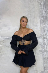 Black Bardot Puff Sleeve Tie Crop Top - Kariel-Crop Tops