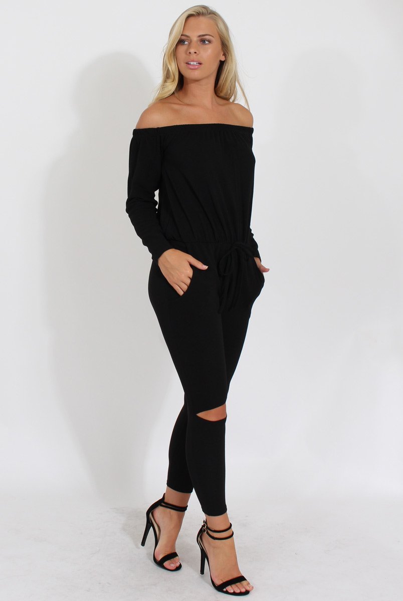 Black Bardot Ripped Knee Jumpsuit - Betty-Jumpsuits