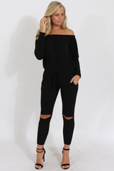 Black Bardot Ripped Knee Jumpsuit - Betty-Jumpsuits