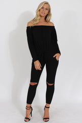 Black Bardot Ripped Knee Jumpsuit - Betty-Jumpsuits