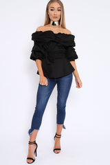 Black Bardot Ruched Frill Top with Waist Tie Detailing - Sarina-Tops
