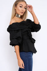 Black Bardot Ruched Frill Top with Waist Tie Detailing - Sarina-Tops