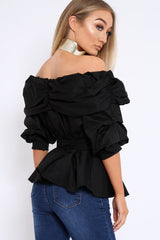 Black Bardot Ruched Frill Top with Waist Tie Detailing - Sarina-Tops
