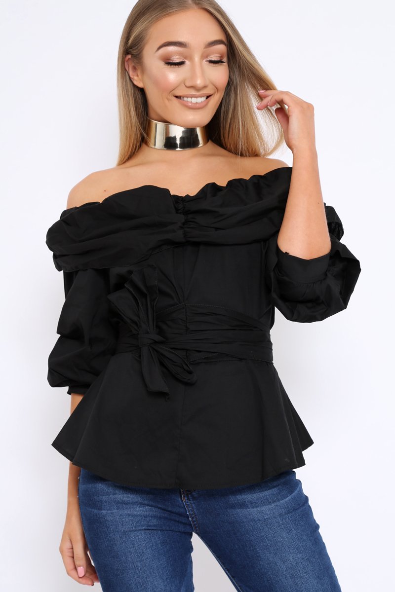 Black Bardot Ruched Frill Top with Waist Tie Detailing - Sarina-Tops