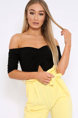 Black Bardot Ruched Front and Cut Out Bodysuit - Olivya-Bodysuits