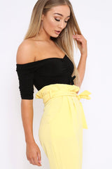 Black Bardot Ruched Front and Cut Out Bodysuit - Olivya-Bodysuits