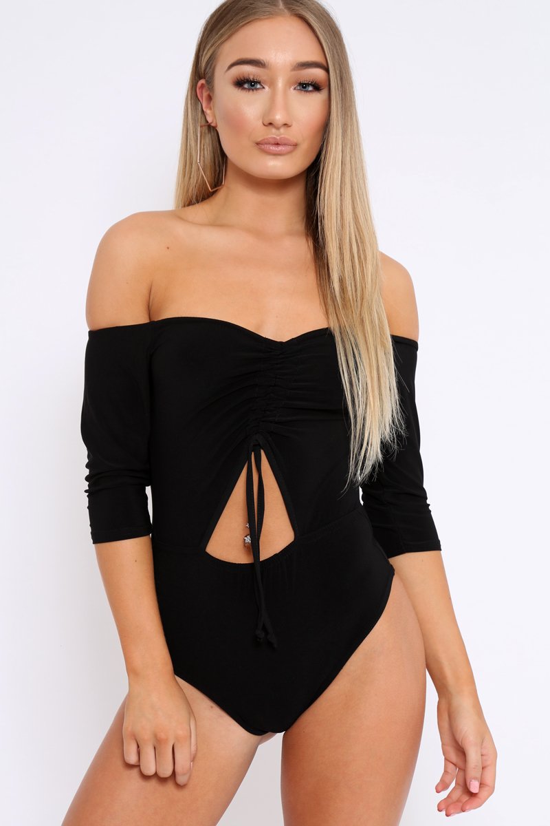 Black Bardot Ruched Front and Cut Out Bodysuit - Olivya-Bodysuits