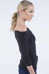 Black Bardot Ruched Top - Sandra-Tops