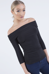 Black Bardot Ruched Top - Sandra-Tops