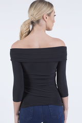 Black Bardot Ruched Top - Sandra-Tops