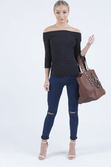 Black Bardot Ruched Top - Sandra-Tops