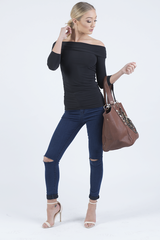 Black Bardot Ruched Top - Sandra-Tops