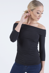 Black Bardot Ruched Top - Sandra-Tops