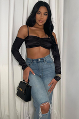Black Bardot Satin Crop Top - Alana