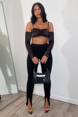 Black Bardot Satin Crop Top - Alana