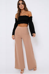 Black Bardot Shirred Crop Top with Flared Sleeves - Shera-Crop Tops