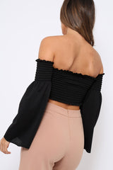 Black Bardot Shirred Crop Top with Flared Sleeves - Shera-Crop Tops