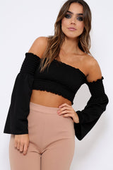 Black Bardot Shirred Crop Top with Flared Sleeves - Shera-Crop Tops
