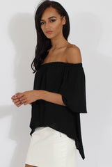 Black Bardot Split Back Dipped Hem Top - Cici-Tops