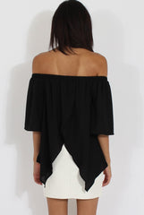 Black Bardot Split Back Dipped Hem Top - Cici-Tops
