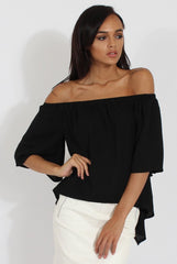 Black Bardot Split Back Dipped Hem Top - Cici-Tops