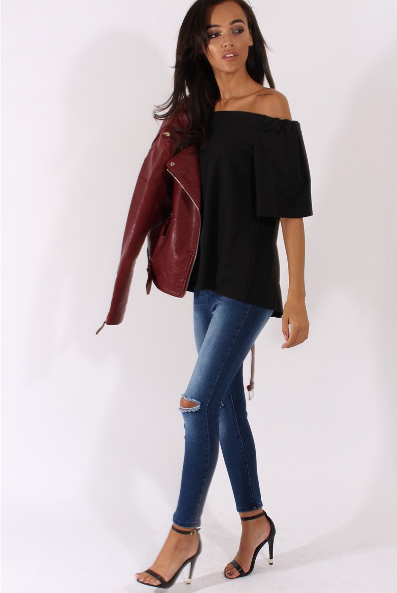 Black Bardot Split Back Top - Aurora-Tops