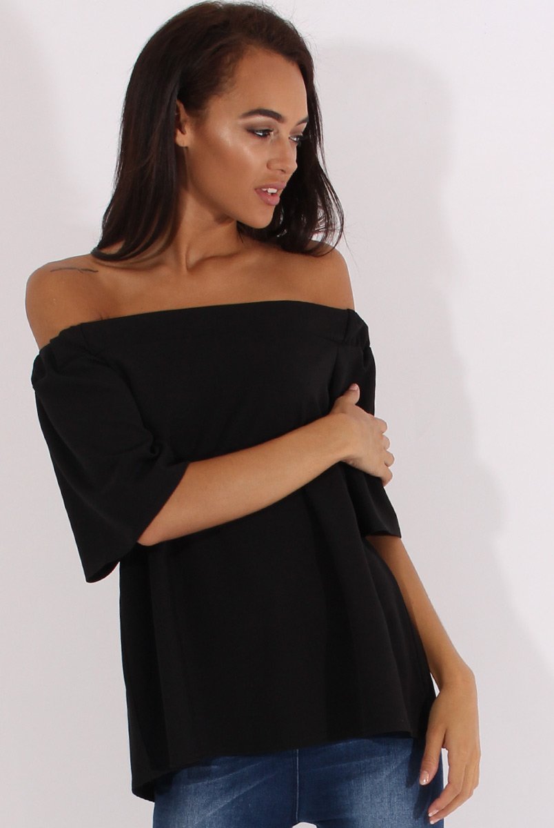 Black Bardot Split Back Top - Aurora-Tops