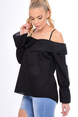 Black Bardot Strappy Bell Sleeve Top - Kandice-Tops